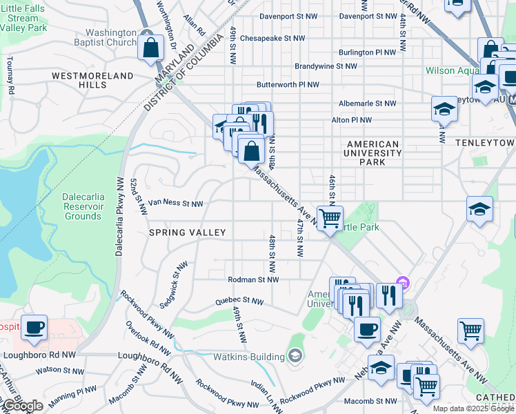 map of restaurants, bars, coffee shops, grocery stores, and more near 4836 Van Ness Street Northwest in Washington