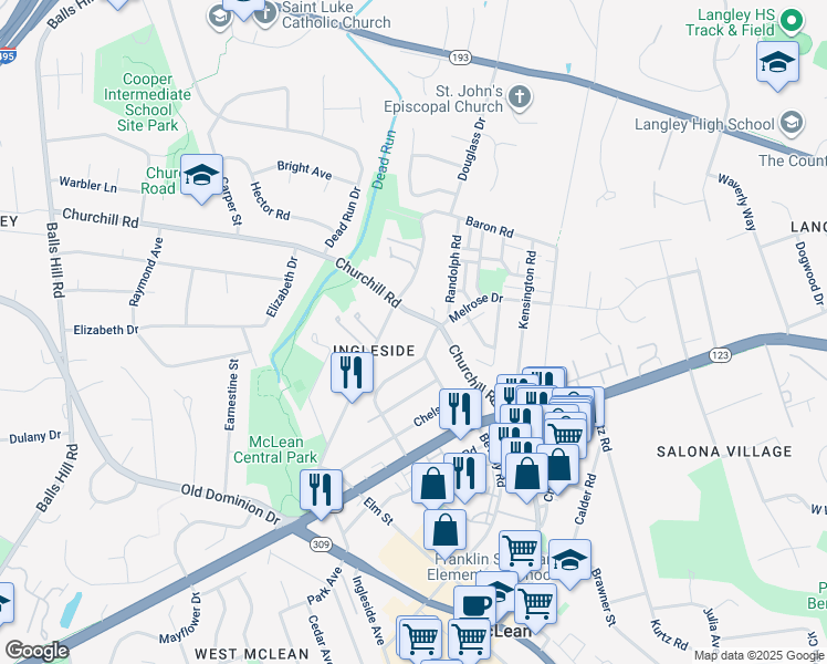 map of restaurants, bars, coffee shops, grocery stores, and more near 1207 Beverly Road in McLean