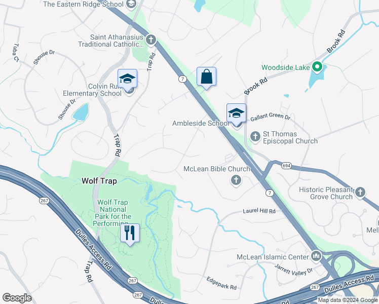 map of restaurants, bars, coffee shops, grocery stores, and more near 1411 Wolftrap Run Road in Vienna