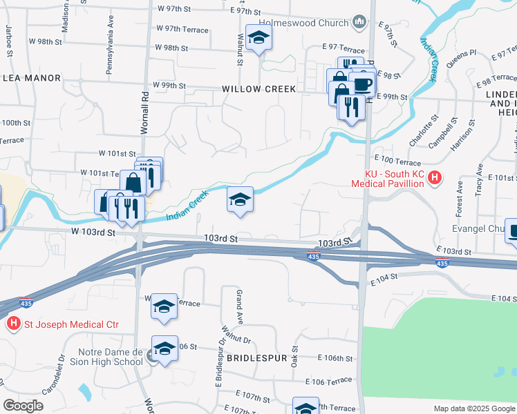 map of restaurants, bars, coffee shops, grocery stores, and more near 326 East 103rd Street in Kansas City