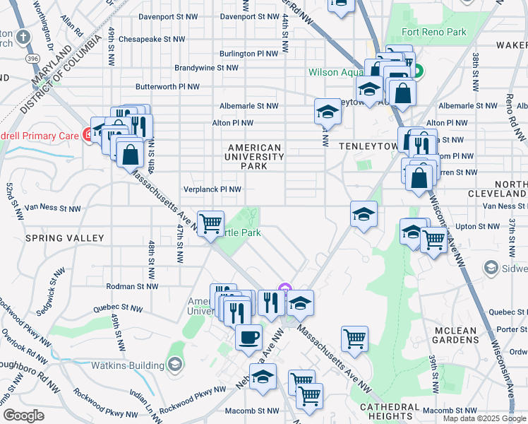 map of restaurants, bars, coffee shops, grocery stores, and more near 4131 45th Street Northwest in Washington