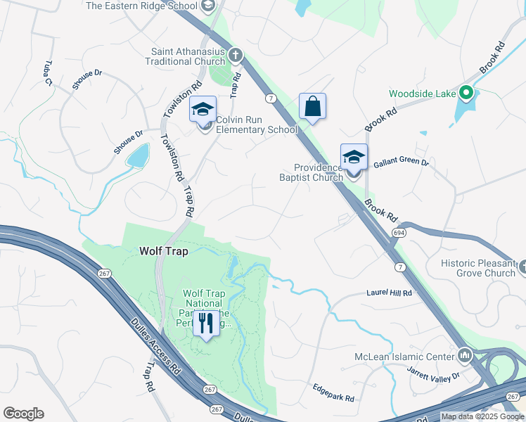 map of restaurants, bars, coffee shops, grocery stores, and more near 9105 Cricklewood Court in Vienna