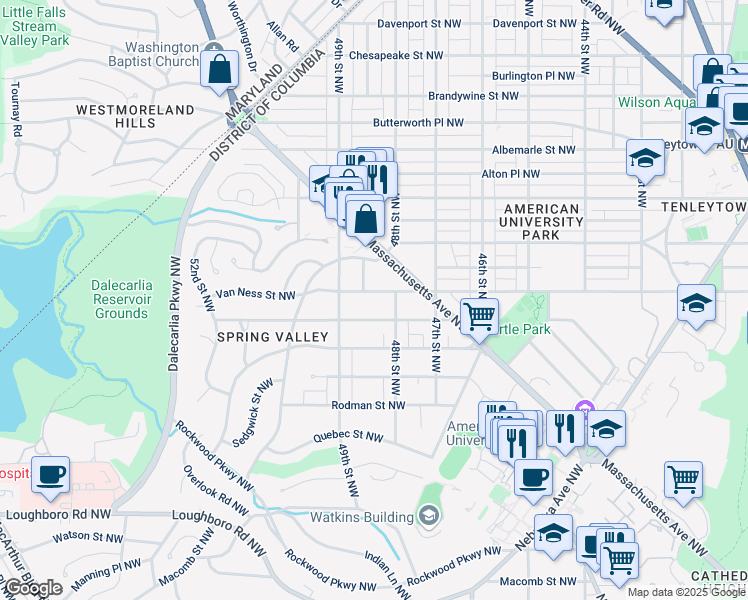 map of restaurants, bars, coffee shops, grocery stores, and more near 4836 Van Ness Street Northwest in Washington