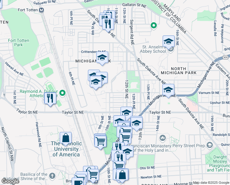 map of restaurants, bars, coffee shops, grocery stores, and more near 1130 Varnum Street Northeast in Washington