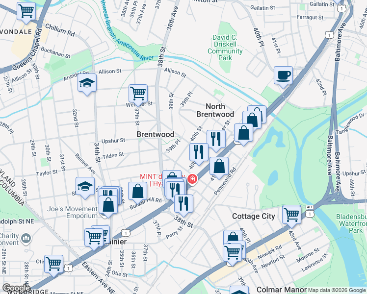 map of restaurants, bars, coffee shops, grocery stores, and more near 4318 40th Street in Brentwood