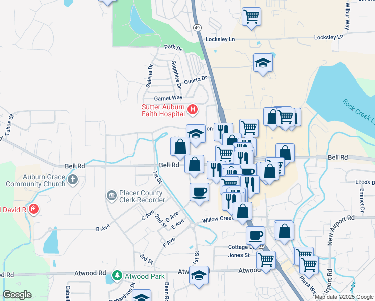 map of restaurants, bars, coffee shops, grocery stores, and more near 3237 Professional Drive in Auburn