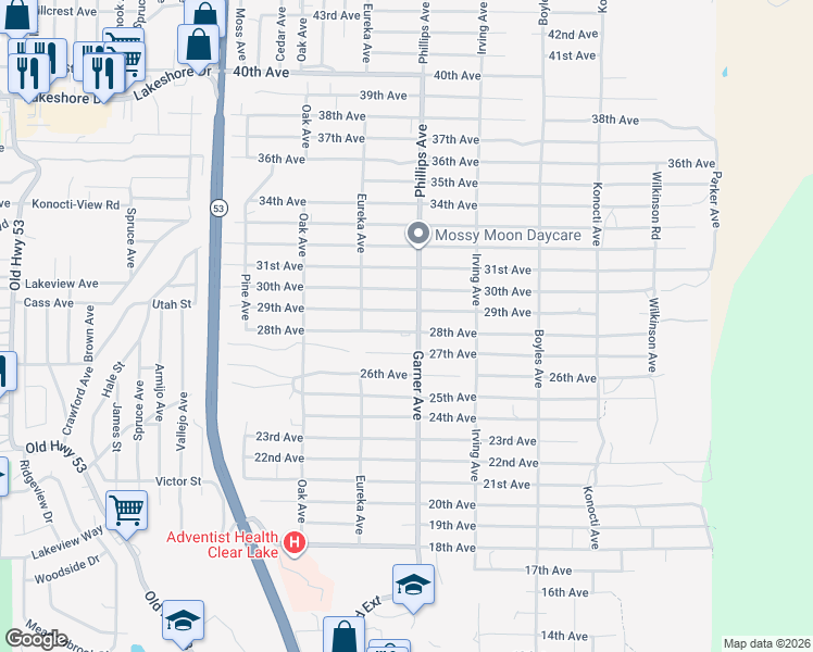 map of restaurants, bars, coffee shops, grocery stores, and more near 15866 28th Avenue in Clearlake