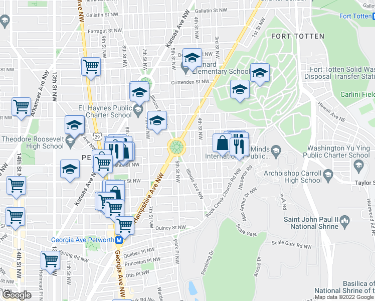 map of restaurants, bars, coffee shops, grocery stores, and more near 8 Grant Circle Northwest in Washington