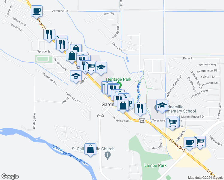 map of restaurants, bars, coffee shops, grocery stores, and more near 1468 Courthouse Alley in Gardnerville