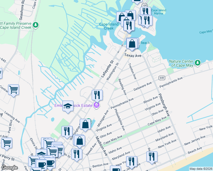 map of restaurants, bars, coffee shops, grocery stores, and more near 1162 Washington Street in Cape May