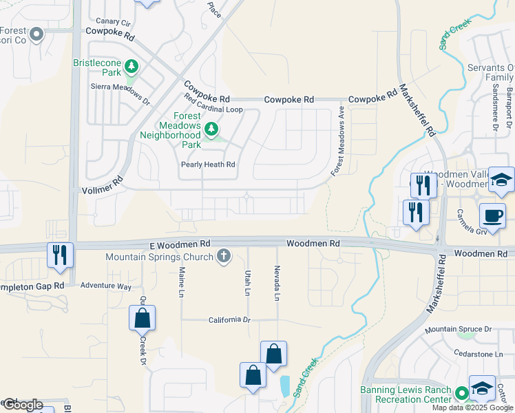 map of restaurants, bars, coffee shops, grocery stores, and more near 7677 Conifer Cone Grove in Colorado Springs
