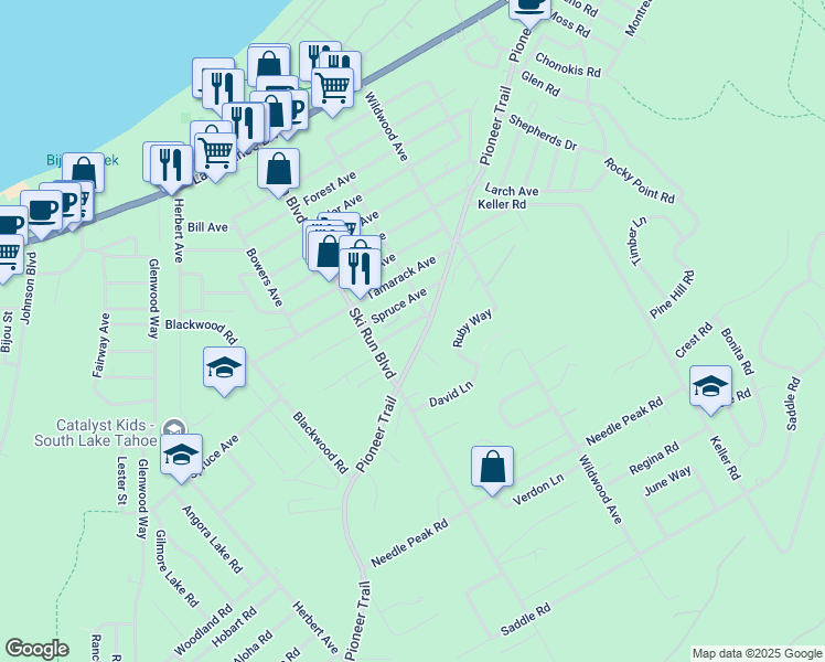 map of restaurants, bars, coffee shops, grocery stores, and more near 3685 Willow Avenue in South Lake Tahoe