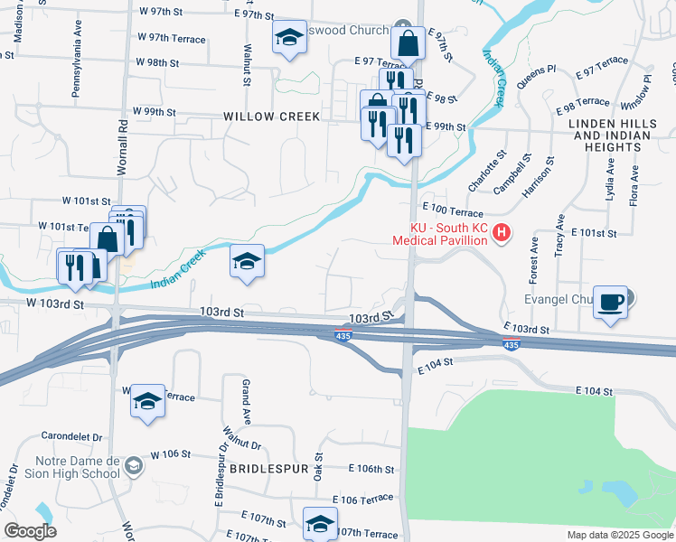 map of restaurants, bars, coffee shops, grocery stores, and more near 10213 CedarBrooke Lane in Kansas City