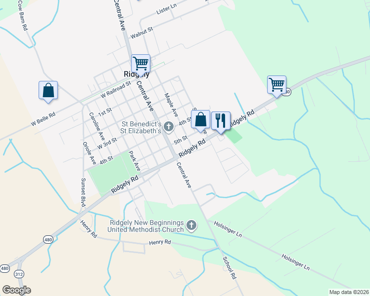 map of restaurants, bars, coffee shops, grocery stores, and more near 7 6th Street in Ridgely