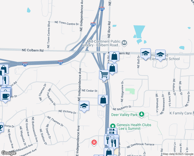 map of restaurants, bars, coffee shops, grocery stores, and more near 1710 Northeast White Drive in Lee's Summit