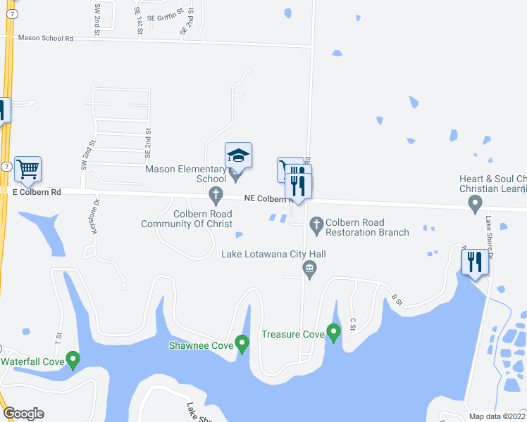 map of restaurants, bars, coffee shops, grocery stores, and more near 27901 East Colbern Road in Lake Lotawana