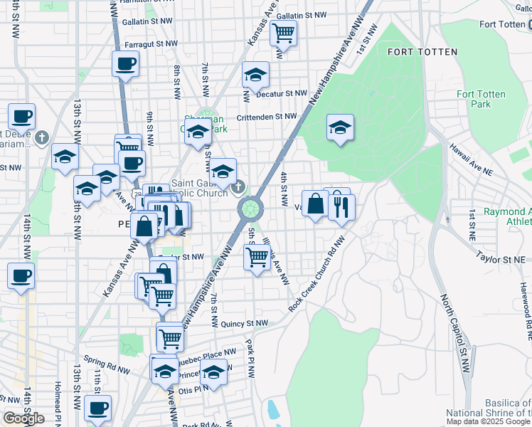 map of restaurants, bars, coffee shops, grocery stores, and more near 8 Grant Circle Northwest in Washington