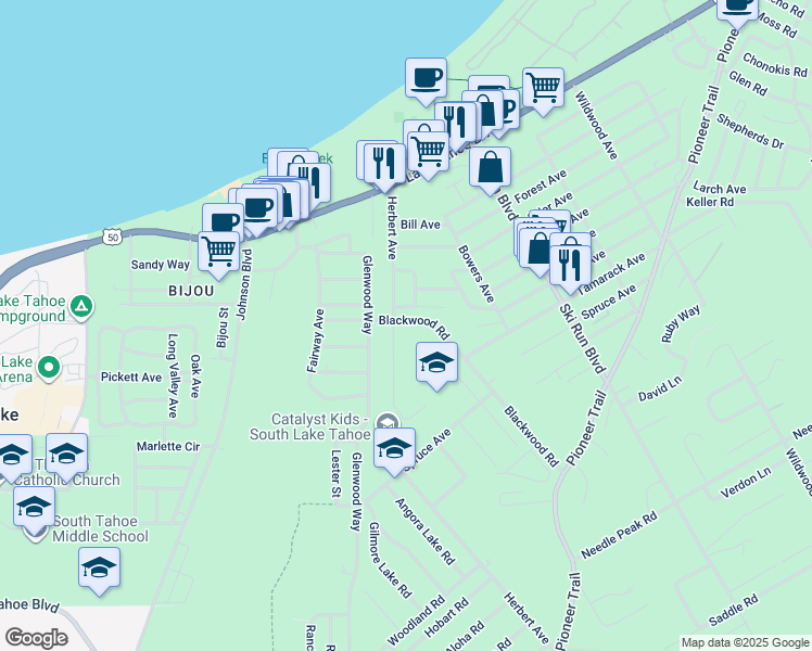 map of restaurants, bars, coffee shops, grocery stores, and more near 1121 Herbert Avenue in South Lake Tahoe
