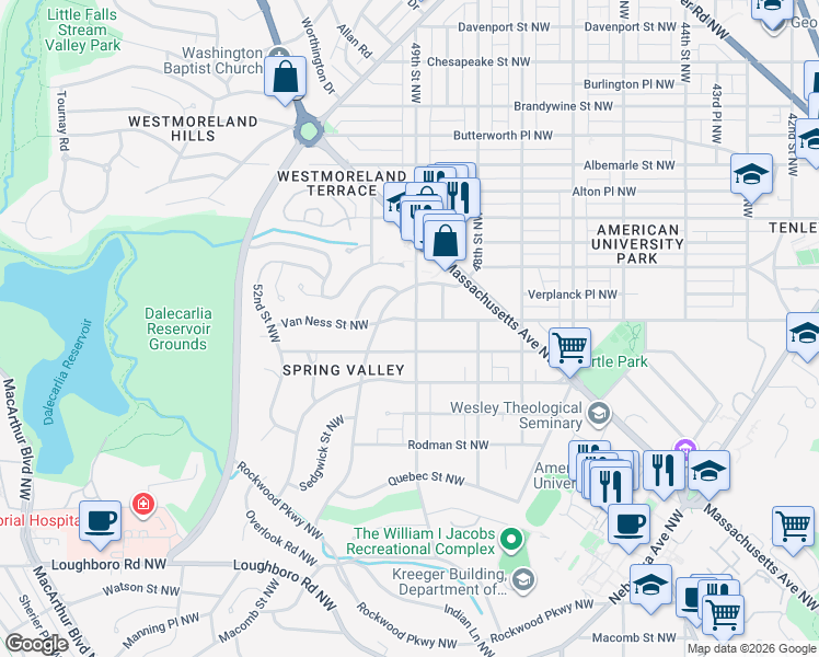 map of restaurants, bars, coffee shops, grocery stores, and more near 4118 49th Street Northwest in Washington