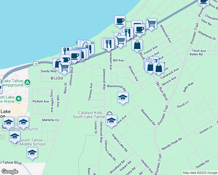 map of restaurants, bars, coffee shops, grocery stores, and more near 1120 Herbert Avenue in South Lake Tahoe