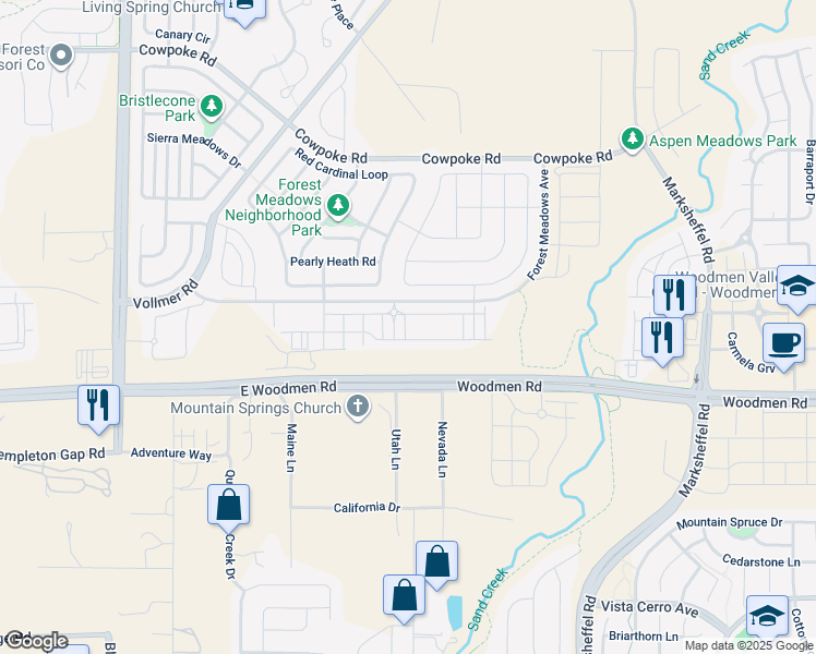 map of restaurants, bars, coffee shops, grocery stores, and more near 7667 Conifer Cone Grv in Colorado Springs