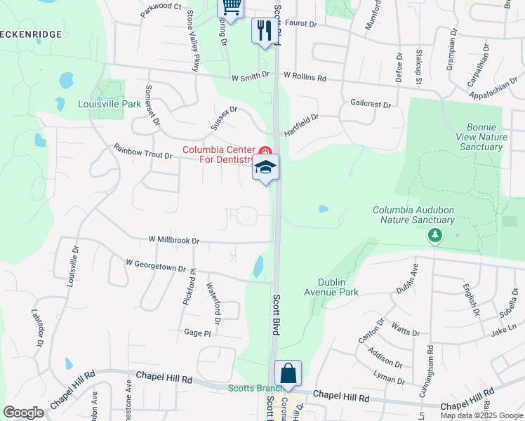 map of restaurants, bars, coffee shops, grocery stores, and more near 4305-4307 Ludwick Boulevard in Columbia