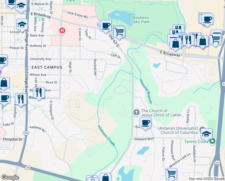 map of restaurants, bars, coffee shops, grocery stores, and more near 715 Bluffdale Drive in Columbia