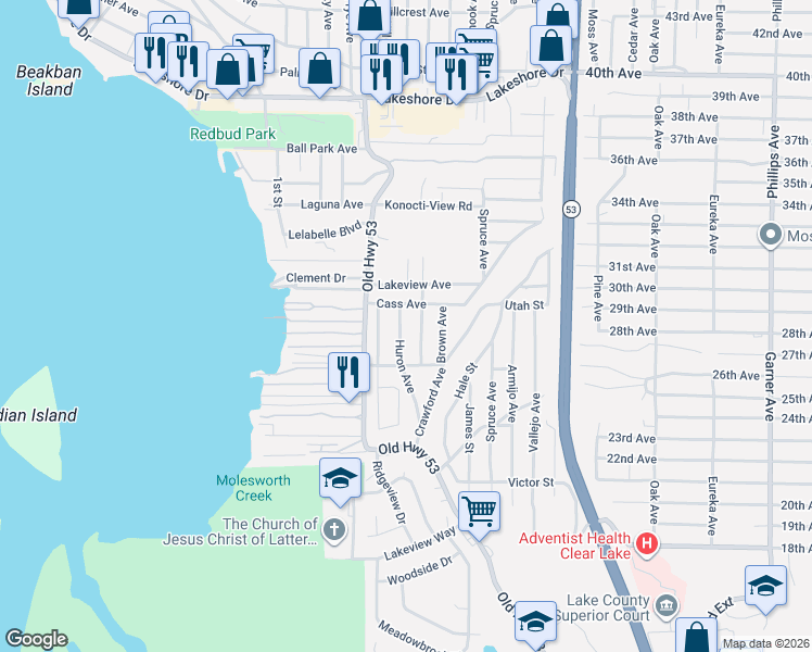 map of restaurants, bars, coffee shops, grocery stores, and more near 5596 Jones Avenue in Clearlake