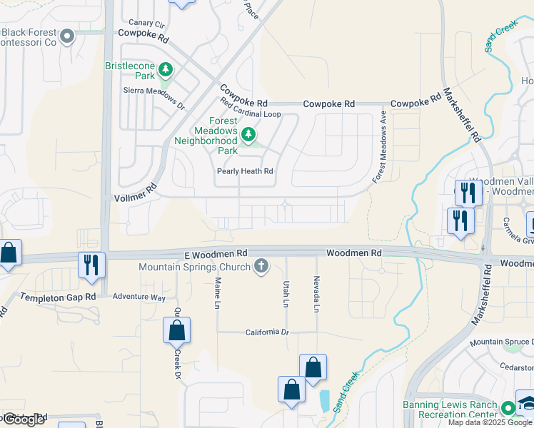 map of restaurants, bars, coffee shops, grocery stores, and more near 7667 Conifer Cone Grv in Colorado Springs