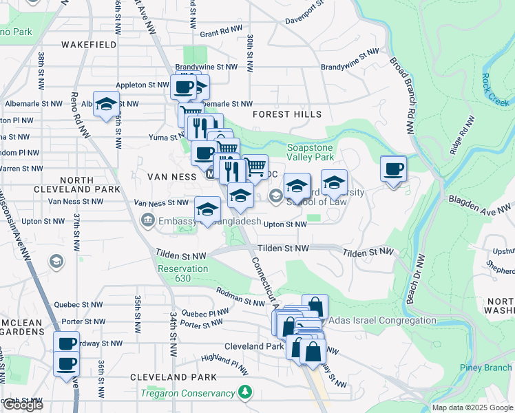 map of restaurants, bars, coffee shops, grocery stores, and more near 2950 Van Ness Street Northwest in Washington