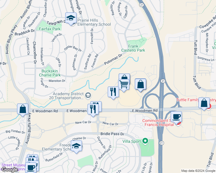 map of restaurants, bars, coffee shops, grocery stores, and more near 7650 Duryea Drive in Colorado Springs