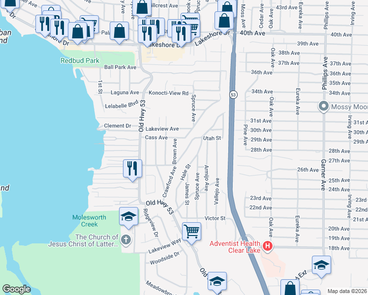 map of restaurants, bars, coffee shops, grocery stores, and more near 5614 Crawford Avenue in Clearlake