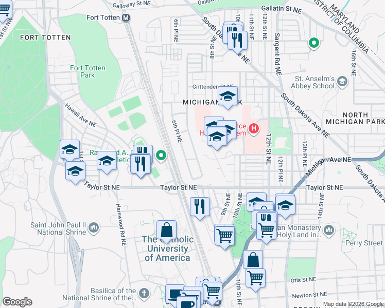 map of restaurants, bars, coffee shops, grocery stores, and more near 4404 7th Street Northeast in Washington