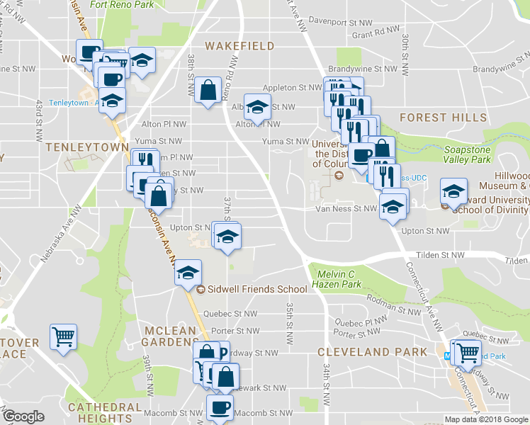 map of restaurants, bars, coffee shops, grocery stores, and more near 3602 Van Ness Street Northwest in Washington