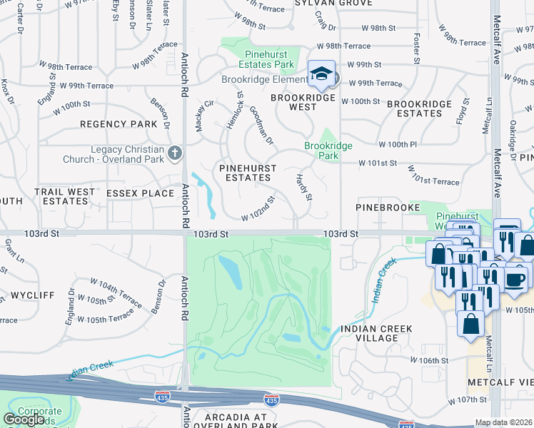 map of restaurants, bars, coffee shops, grocery stores, and more near 8321 West 102nd Street in Overland Park