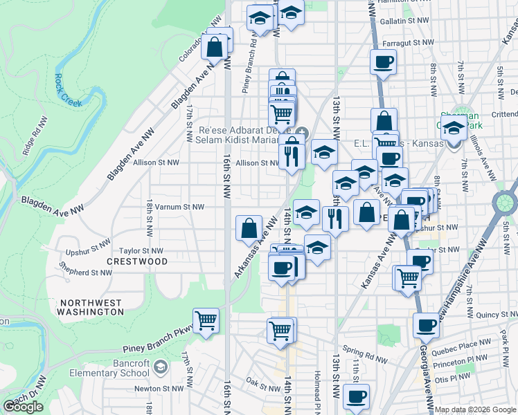 map of restaurants, bars, coffee shops, grocery stores, and more near Varnum St NW & 15th St NW in Washington