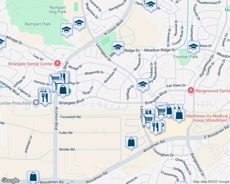 map of restaurants, bars, coffee shops, grocery stores, and more near 3145 Zephyr Drive in Colorado Springs