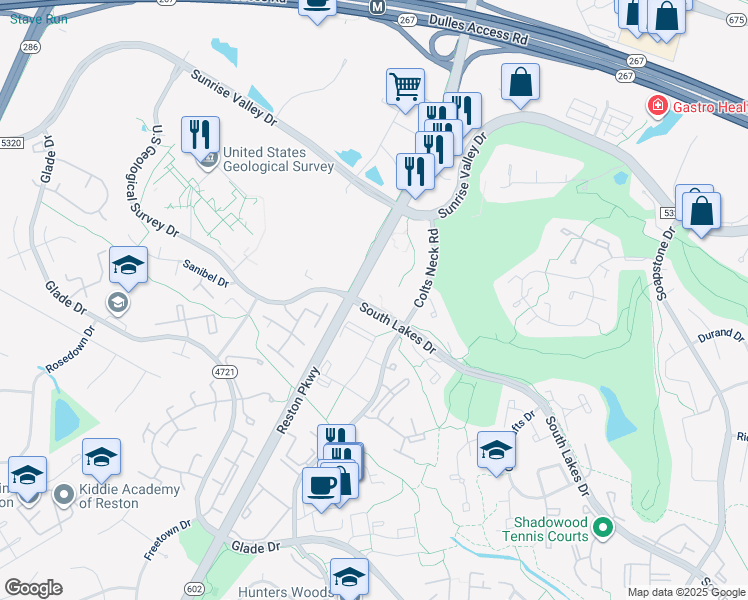 map of restaurants, bars, coffee shops, grocery stores, and more near 2063 Royal Fern Court in Reston