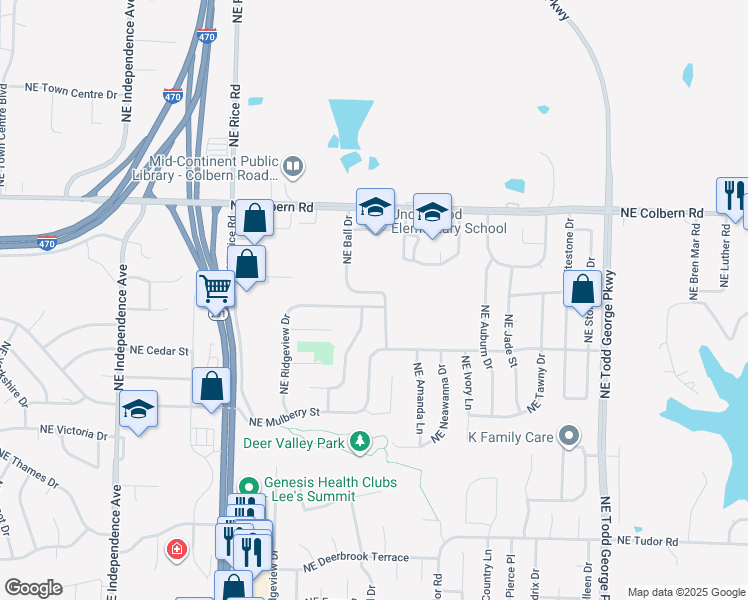 map of restaurants, bars, coffee shops, grocery stores, and more near 1754 Northeast Ridgeview Drive in Lee's Summit