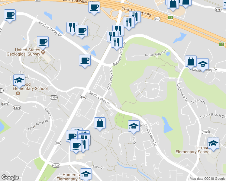 map of restaurants, bars, coffee shops, grocery stores, and more near 2109 Colts Neck Ct in Reston