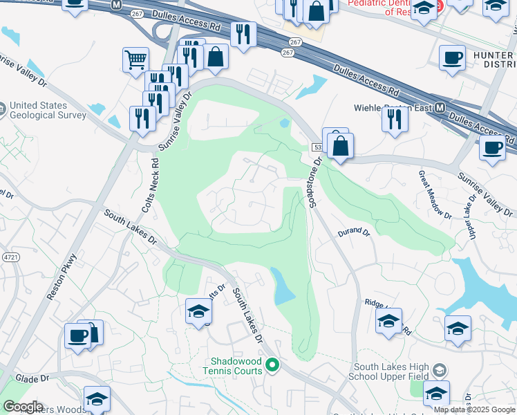 map of restaurants, bars, coffee shops, grocery stores, and more near 2050 Golf Course Drive in Reston