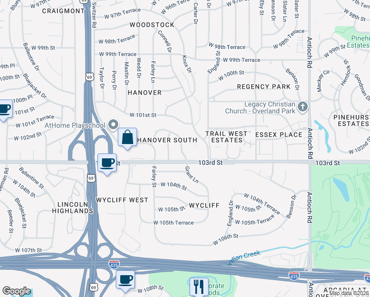 map of restaurants, bars, coffee shops, grocery stores, and more near 10222 Knox Drive in Overland Park