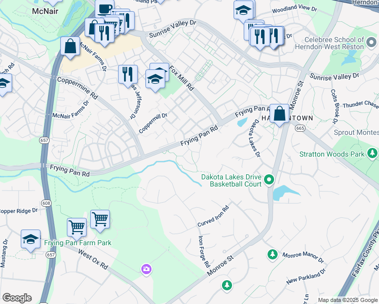 map of restaurants, bars, coffee shops, grocery stores, and more near 13101 Ashnut Lane in Herndon