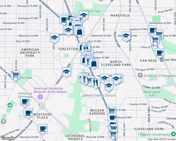 map of restaurants, bars, coffee shops, grocery stores, and more near 4110 Wisconsin Avenue Northwest in Washington