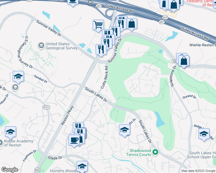 map of restaurants, bars, coffee shops, grocery stores, and more near 2109 Colts Neck Ct in Reston