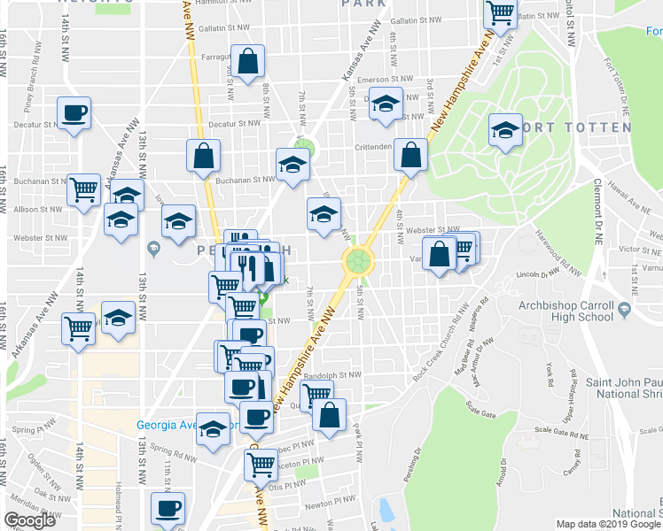 map of restaurants, bars, coffee shops, grocery stores, and more near 506 Varnum Street Northwest in Washington