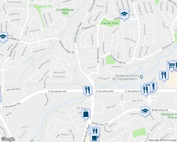 map of restaurants, bars, coffee shops, grocery stores, and more near 4695 Pascal Court in Colorado Springs