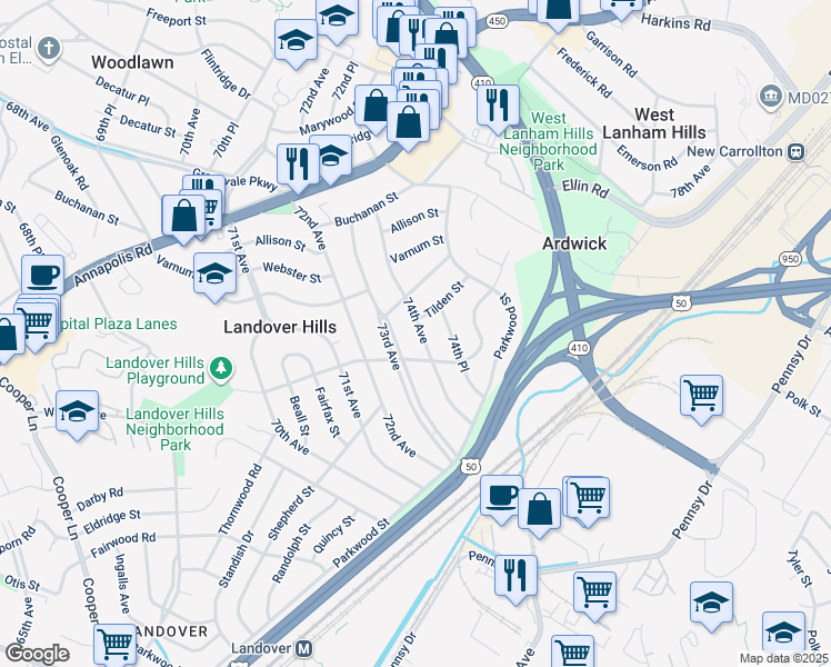 map of restaurants, bars, coffee shops, grocery stores, and more near 4208 74th Avenue in Hyattsville