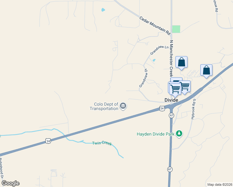 map of restaurants, bars, coffee shops, grocery stores, and more near 112 Ridge Point Circle in Divide