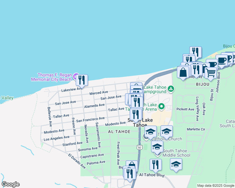 map of restaurants, bars, coffee shops, grocery stores, and more near 3152 Pasadena Avenue in South Lake Tahoe